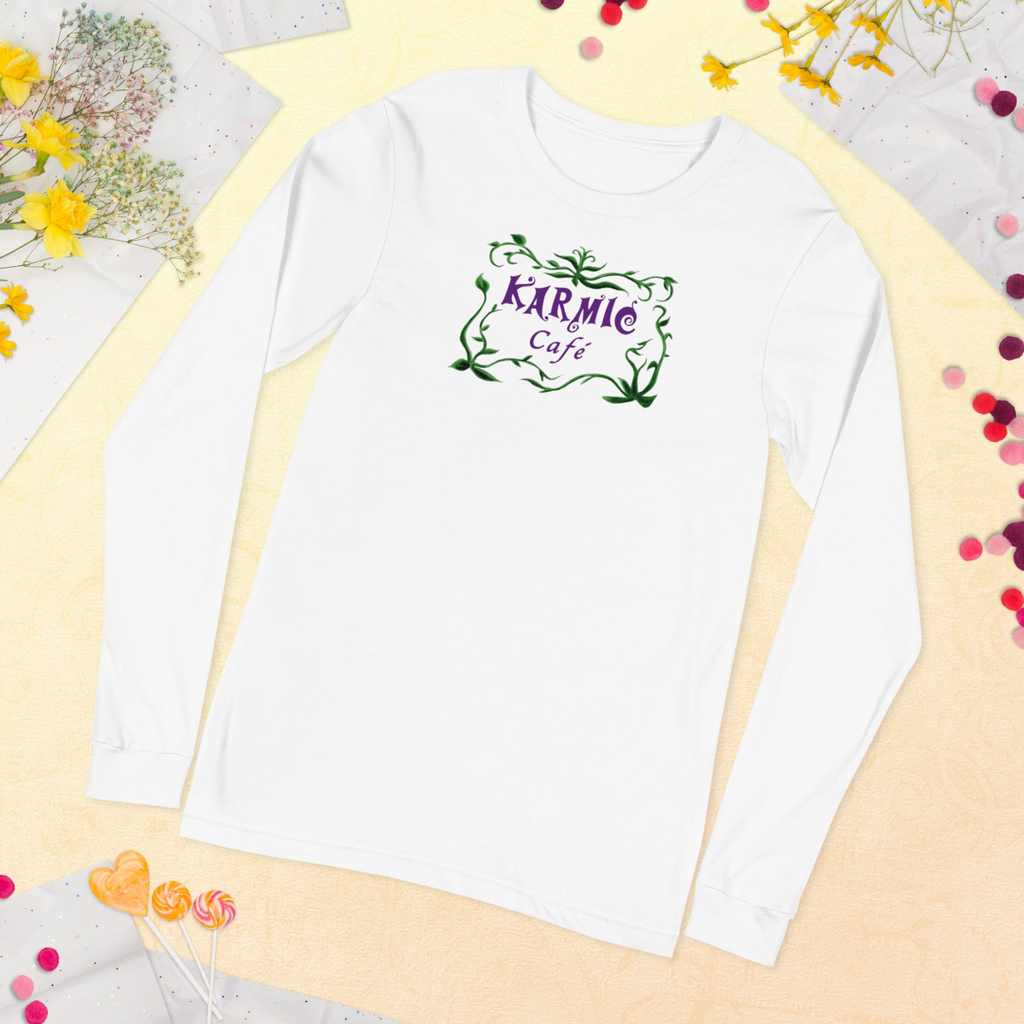 Super Comfy Fat Cat - Karmic Cafe T-shirt (white long-sleeved)