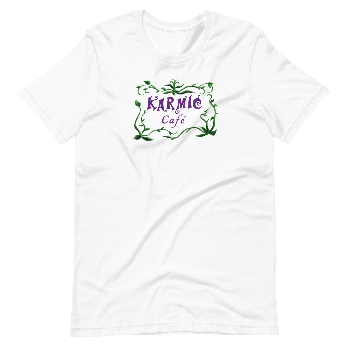 Super Comfy Fat Cat-Karmic Cafe T-shirt (white short-sleeved)