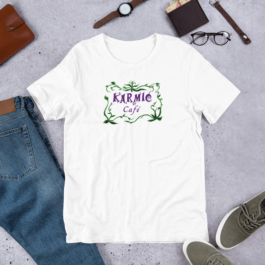 Super Comfy Fat Cat-Karmic Cafe T-shirt (white short-sleeved)